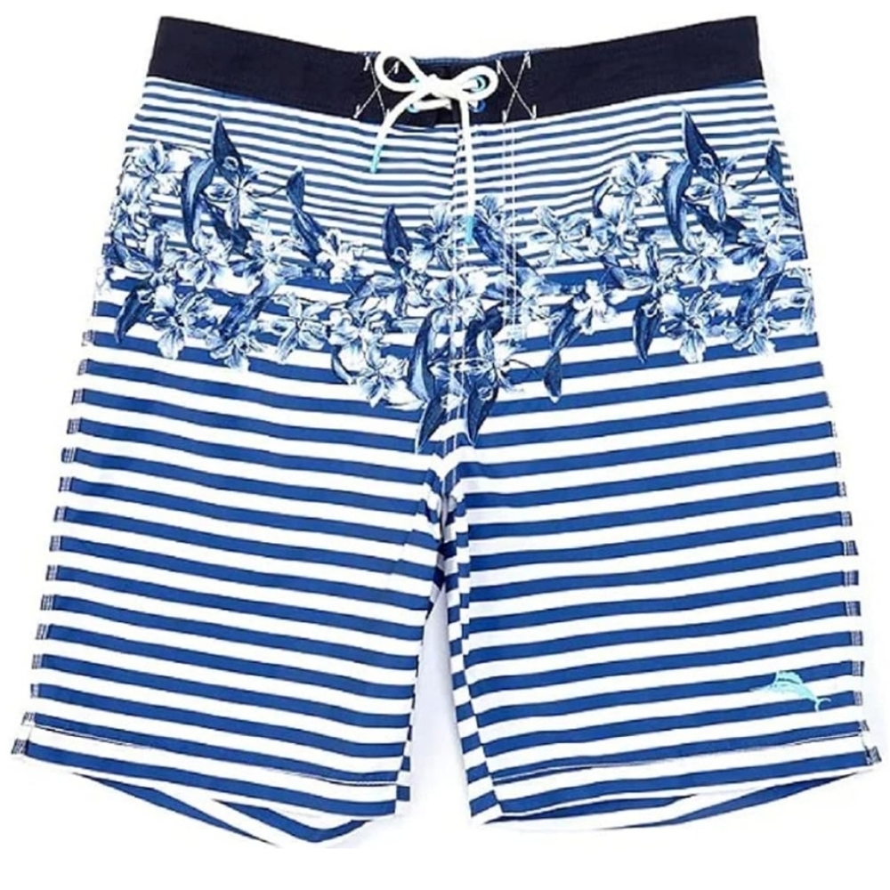 Tommy Bahama Baja Nautical Bloom Board 9 Swim Trunks Men SzXL Zepher‎ Blue Beach